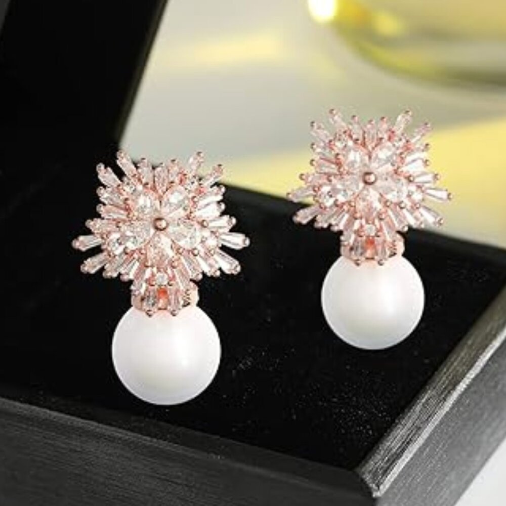 925‎ Sterling Cubic Zirconia Stud Earrings for Women, Snowflake Pearl Rhinestone